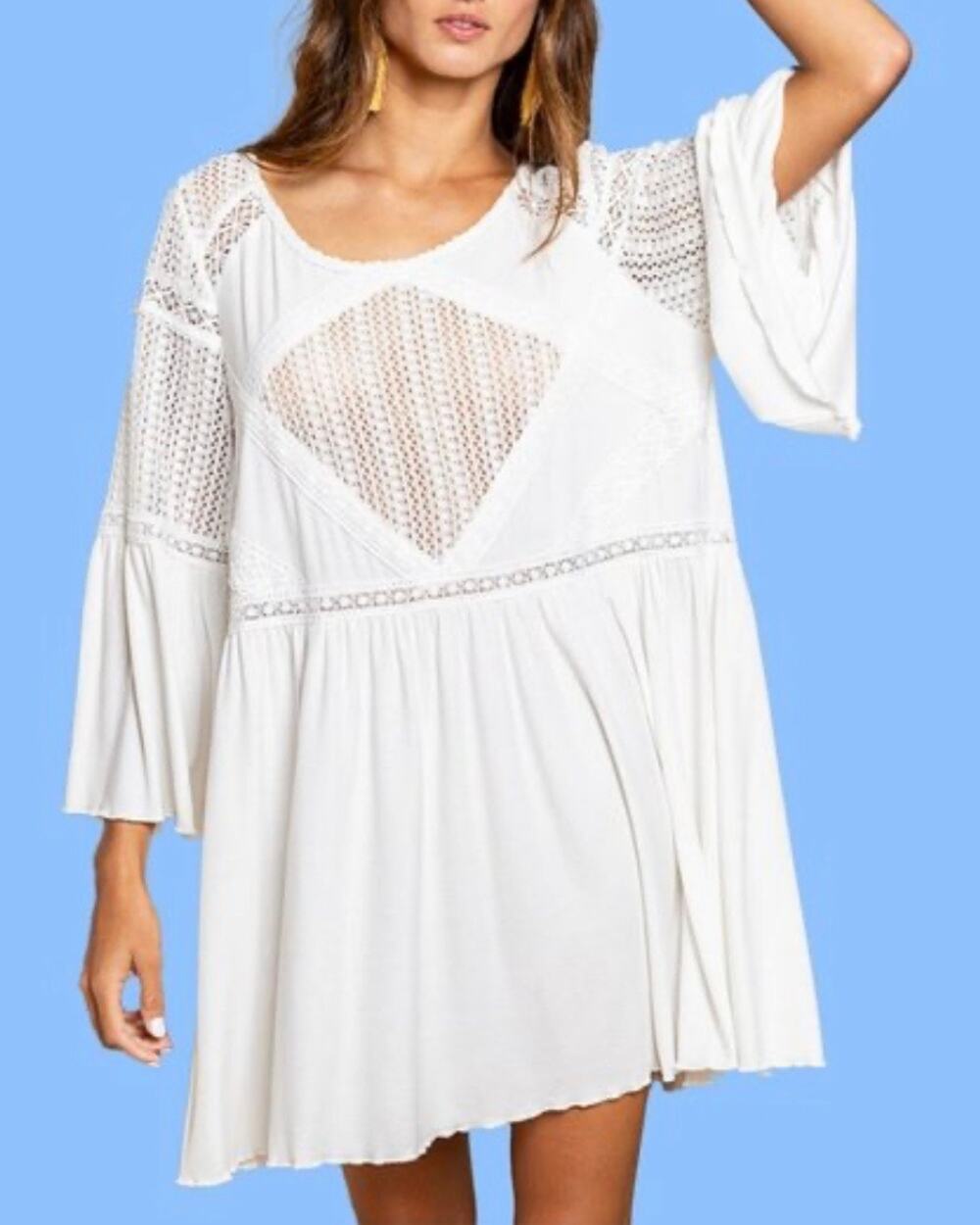 POL Boho Bohemian Oatmeal Long Sleeve Crochet Detail Babydoll Dress Small New